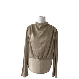 Ann Taylor Large Gold Metallic Draped Cowl Neck Long Sleeve Blouse